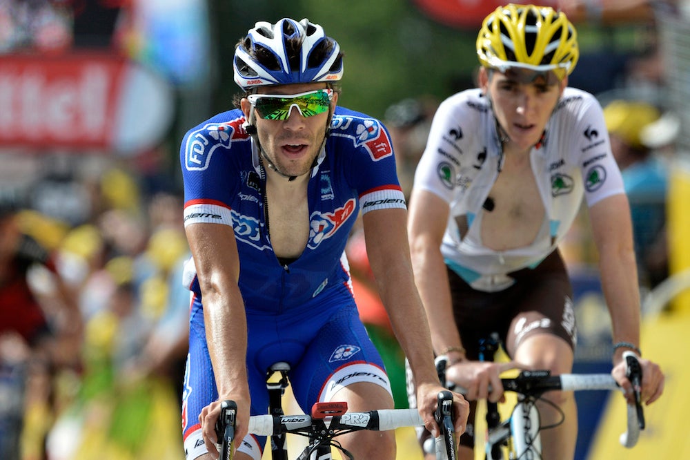 Thibaut Pinot (left) and Romain Bardet hit the line together in stage 14. Photo: AFP