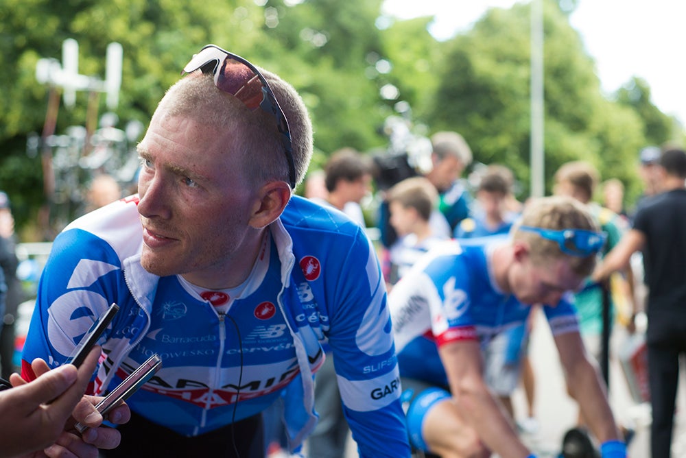 Andrew Talansky talks with reporters after a ragged stage 2 at the Tour de France, which saw his Garmin-Sharp squad assert itself. Talansky sits in seventh overall, two seconds back. Photo by Caley Fretz