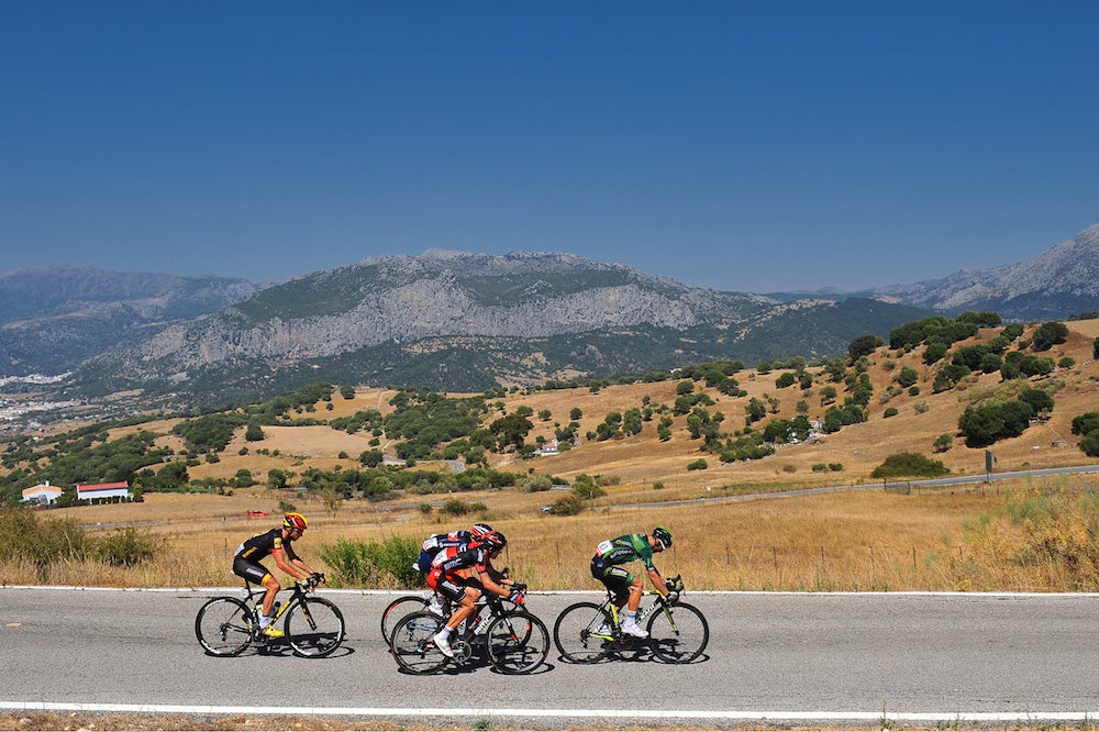 Monday's breakaway included Danilo Wyss (BMC), Jerome Cousin (Europcar),  Fumeaux (IAM Cycling), Jacques Janse Van Rensburg (MTN-Qhubeka), and Luis Mas Bonet (Caja Rural). Photo: Tim De Waele | <a href="http://tdwsport.com" target="_blank">TDWsport.com</a>