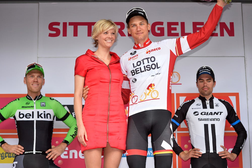 Tim Wellens celebrates his overall victory at the Eneco Tour on Sunday. Photo: AFP