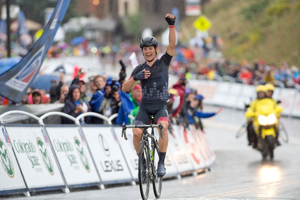 Robin Carpenter (Hincapie Sportswear Development) won Stage 2 of the USA Pro Challenge with a bold breakaway in the rain over Kebler Pass. Photo: Casey B. Gibson | <a href="http://www.cbgphoto.com">www.cbgphoto.com</a>