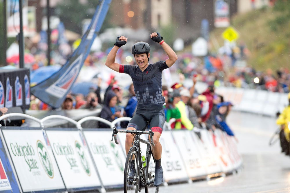 A soaked Robin Carpenter (Hincapie Sportswear Development) celebrated the biggest win of his career in stage 2 of the 2014 USA Pro Challenge. Photo: Casey B. Gibson | <a href="http://www.cbgphoto.com">www.cbgphoto.com</a>