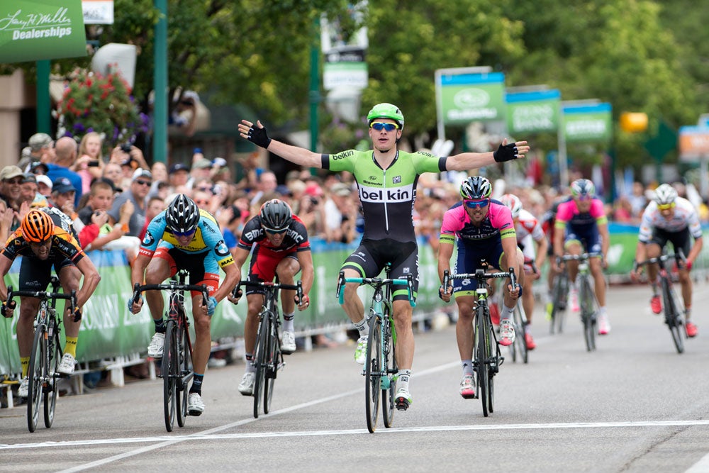 Moreno Hofland wins Stage 1 of the 2014 Tour of Utah, in Cedar City.
Photo: Casey B. Gibson | <a href="http://www.cbgphoto.com">www.cbgphoto.com</a>