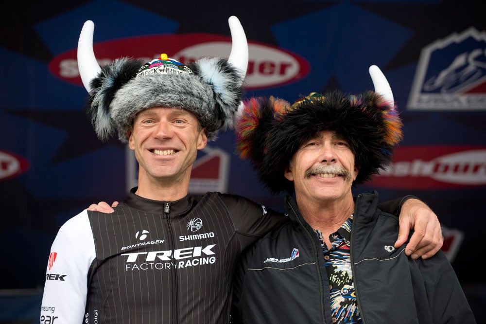 Jens Voigt models his custom Ullr hat on the podium with the mayor of Breckenridge. Photo: Casey B. Gibson | <a href="http://www.cbgphoto.com">www.cbgphoto.com</a>