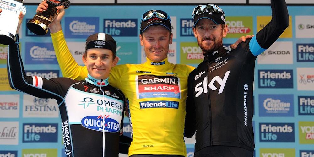 The final podium of the 2014 Tour of Britain: Michal Kwiatkowski (Omega Pharma-Quick-Step), Dylan van Baarle (Garmin-Sharp), and Bradley Wiggins (Team Sky). Photo courtesy Team Sky. 