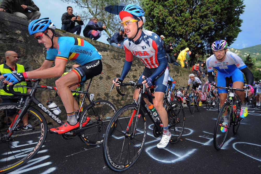 Alex Howes was one of only two Americans to finish the 2013 road world championships, held in wet conditions on a treacherous course. He'll race again for the U.S. at the 2014 worlds in Ponferrada, Spain. Photo: Tim De Waele | <a href="http://www.TDWsport.com">TDWSport.com</a>