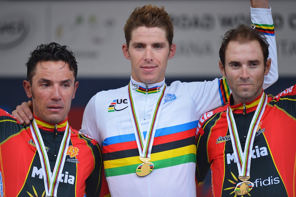 In the wake of 2013 world road championships, many blamed Alejandro Valverde (right) for not chasing Rui Costa (center), on behalf of his Spanish teammate Joaquim Rodriguez (left). Whether or not the Movistar connection between Valverde and Costa was a factor remains unknown. One thing is certain: the silver and bronze medals were bitter pills to swallow. Photo: Tim De Waele | <a href="http://tdwsport.com" target="_blank">TDWsport.com</a>
