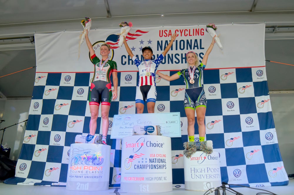 Coryn Rivera (UnitedHealthcare) claimed the U.S. criterium national championship title ahead of Erica Rivera (Colavita) in second and Sam Schneider (Tibco), who was third. Photo: UnitedHealthcare