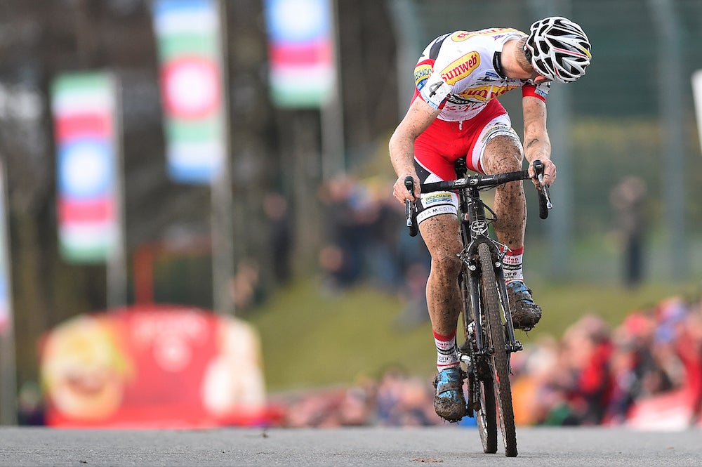 No one else in the photo: Pauwels soled to victory after van der Haar slipped in the woods on the final lap. Photo by Tim de Waele.