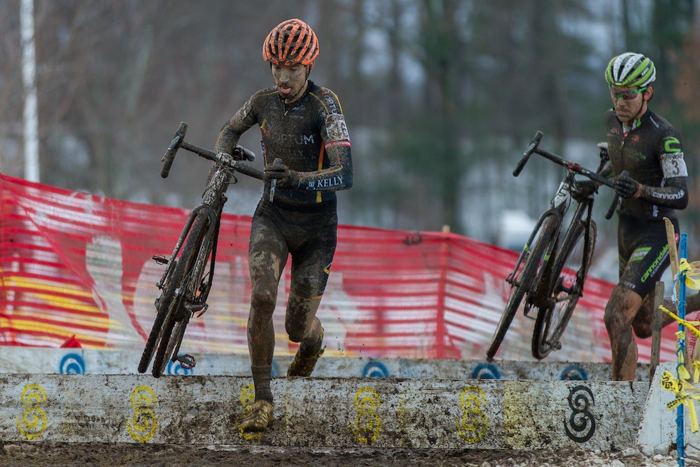 Kerry Werner (Optum-Kelly Benefit Strategies) leads Saturday's winner, Curtis White (Cannondale-Cyclocrossworld.com) through the barriers. Photo by Todd Prekaski.