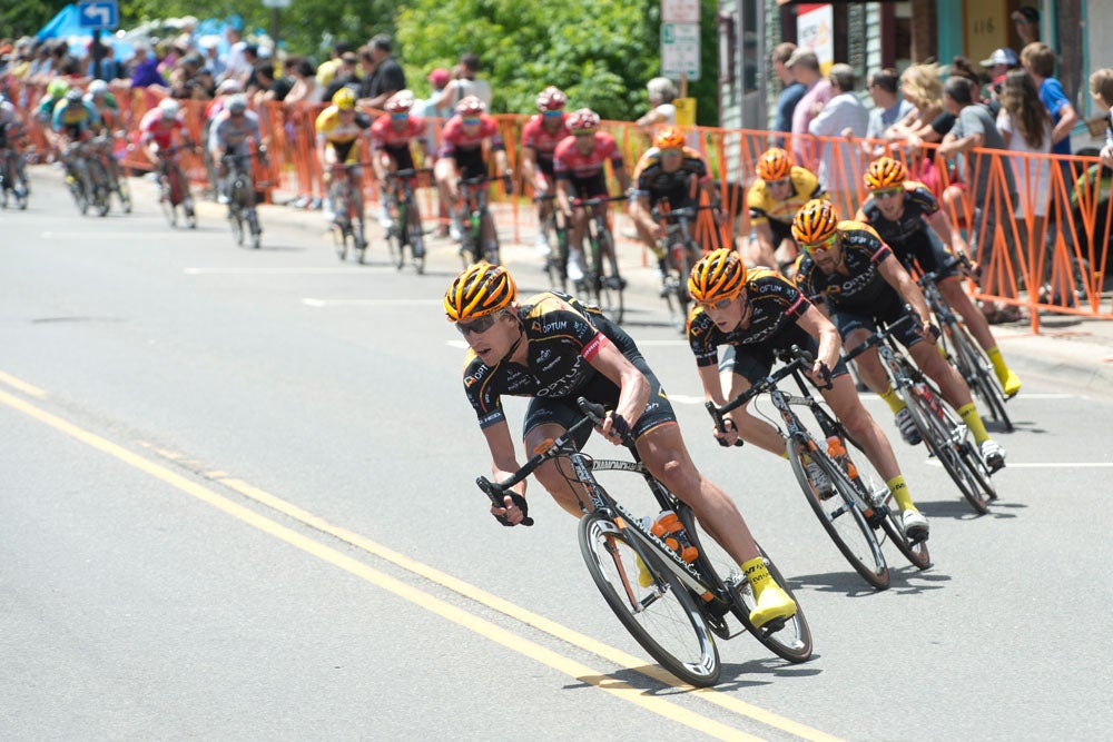 Optum-Kelly Benefit Strategies at the front in the 2014 Stillwater criterium, the North Star Grand Prix's final stage. Photo: Casey B. Gibson | <a href="http://www.cbgphoto.com">www.cbgphoto.com</a>