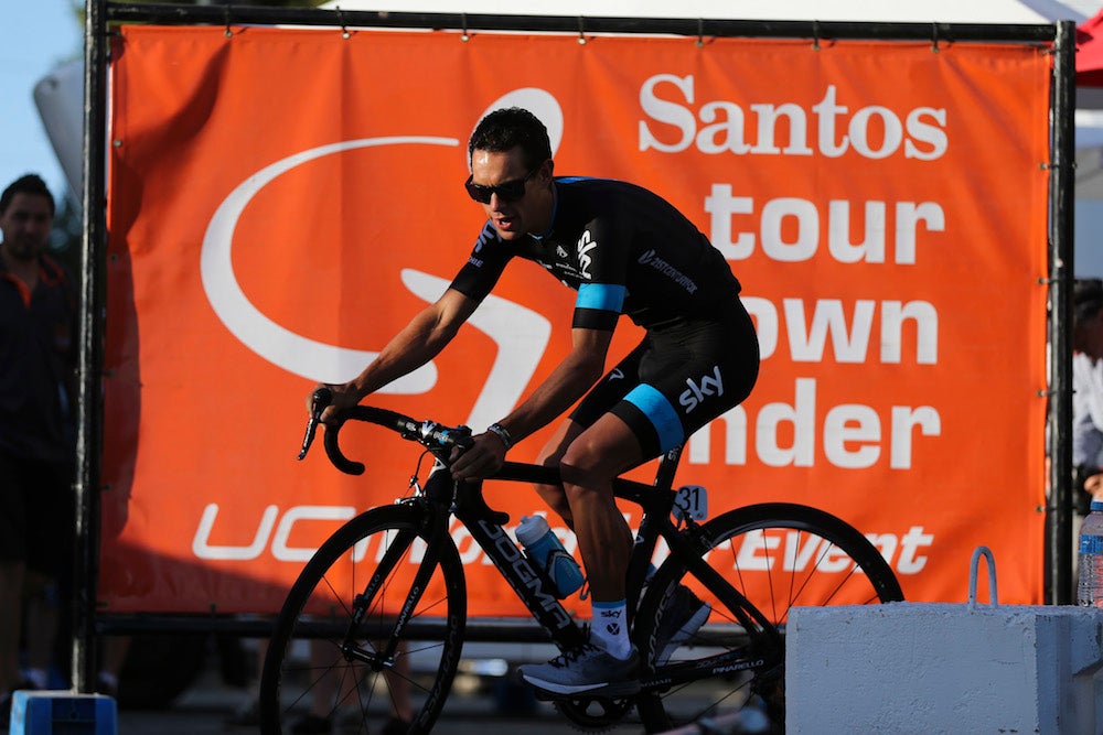 A slimmed-down Richie Porte rolls out during the teams presentation ahead of the 2015 Tour Down Under. Photo: AFP