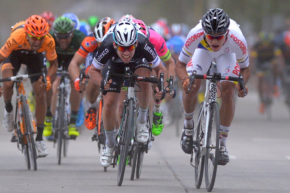 Fernando Gaviria (right) beat Mark Cavendish twice in a sprint finish at the Tour de San Luis last week. Photo: Tim De Waele | <a href="http://www.tdwsport.com" target="_blank">TDWsport.com</a>