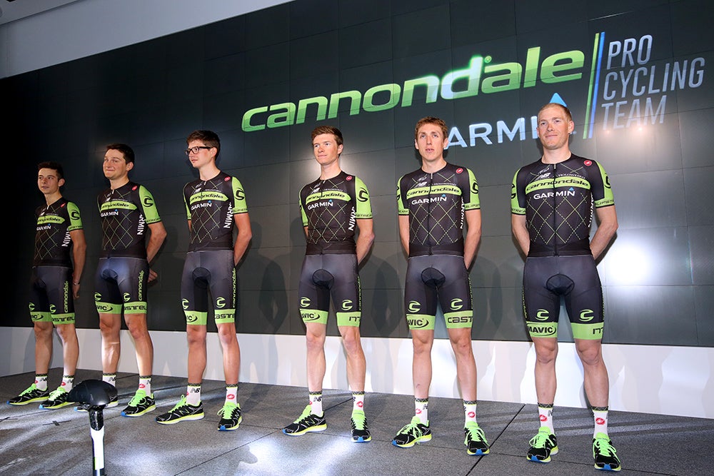 A handful of notable Cannondale-Garmin riders were on hand to model the new kits, including Davide Formolo, Ted King, Joe Dombrowski, Ben King, Dan Martin, and Andrew Talansky. Photo: Tim De Waele | <a href="http://www.tdwsport.com" target="_blank">TDWsport.com</a>