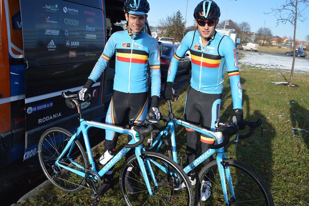 Belgian riders Wout van Aert and Rob Peeters received special light blue Colnago Superprestige frames this week to match their Belgian kits. Photo: Vastgoedservice - Golden Palace Cycling Team