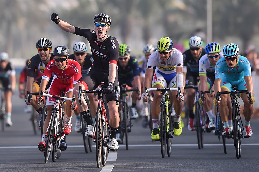 Sam Bennett (Bora-Argon 18) started 2015 off with a big result, winning Tour of Qatar stage 6 ahead of Andrea Guardini (Astana) and Nacer Bouhanni (Cofidis). Photo: Tim De Waele | <a href="http://www.tdwsport.com" target="_blank">TDWsport.com</a>