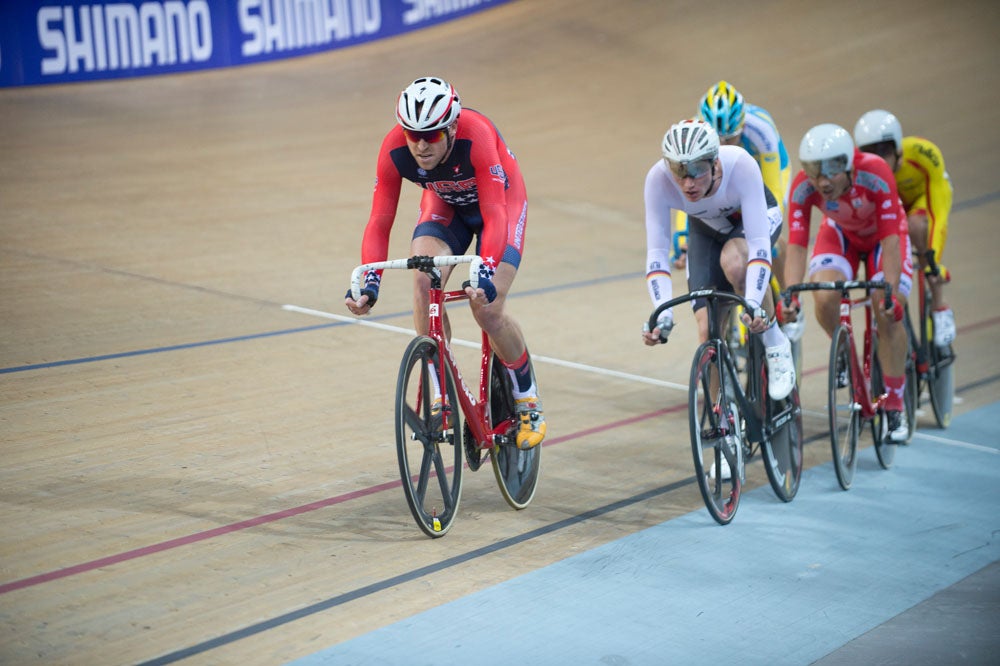 Bobby Lea got into an early break and rode to a third place medal in the men's scratch race at 2015 world track championships. Photo: Casey B. Gibson | <a href="http://www.cbgphoto.com">www.cbgphoto.com</a>