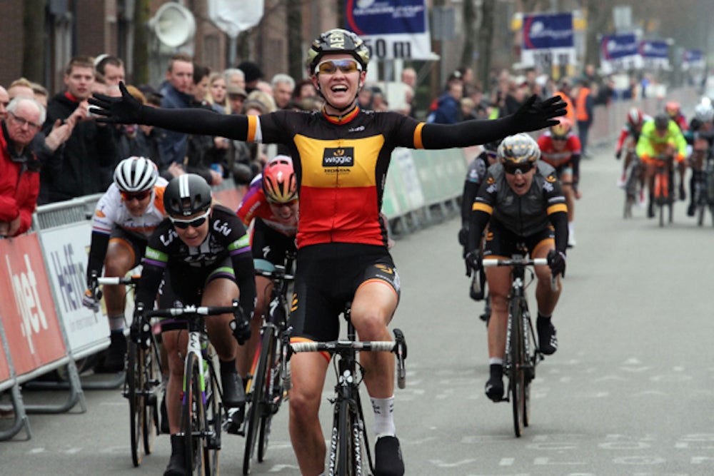 Jolien D’hoore celebrated her 25th birthday by winning the opening round of the women's World Cup. Photo courtesy Wiggle-Honda