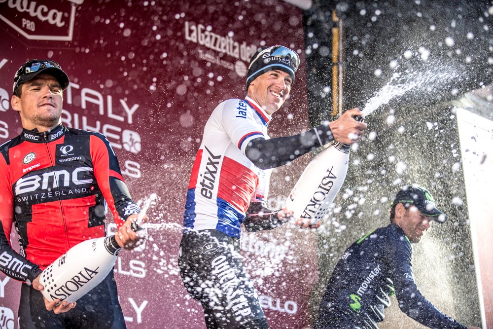 Zdenek Stybar (Etixx-Quick-Step) savored the champagne on the Strade Bianche podium, and will head into the rest of the spring classics thirsty for more. Photo: Jim Fryer / BrakeThrough Media