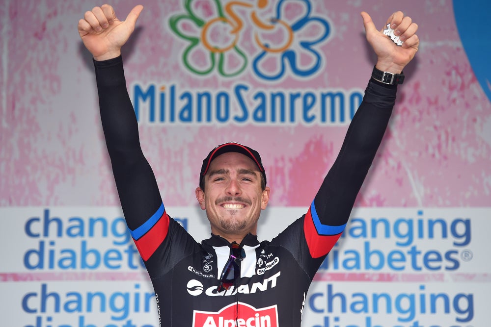 John Degenkolb celebrated on the podium after winning the 2015 edition of Milano-Sanremo. Photo: Tim De Waele | <a href="http://www.tdwsport.com" target="_blank">TDWsport.com</a>
