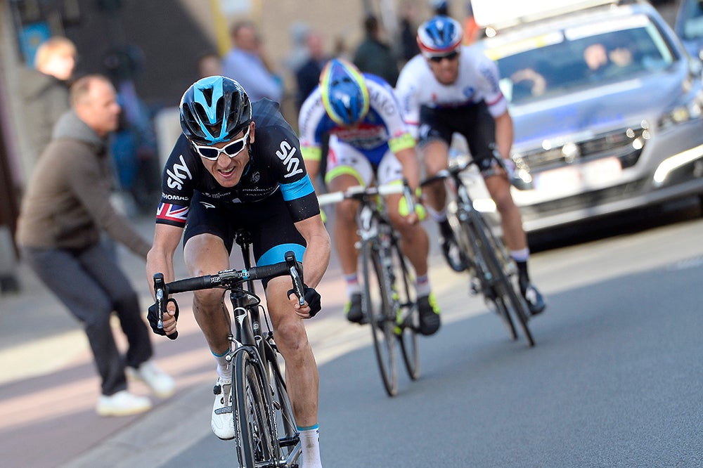 Geraint Thomas (Sky) unleashed a punishing attack with four kilometers left in E3 Harelbeke and took it all the way to the line alone. Photo: Tim De Waele | <a href="http://www.tdwsport.com" target="_blank">TDWsport.com</a>