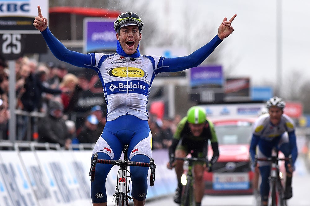Jelle Wallays (Topsport Vlaanderen-Baloise) won Dwars door Vlaanderen with a bold attack in the final kilometer and support from teammate Edward Theuns in the breakaway move. Photo: Tim De Waele | <a href="http://www.tdwsport.com" target="_blank">TDWsport.com</a>