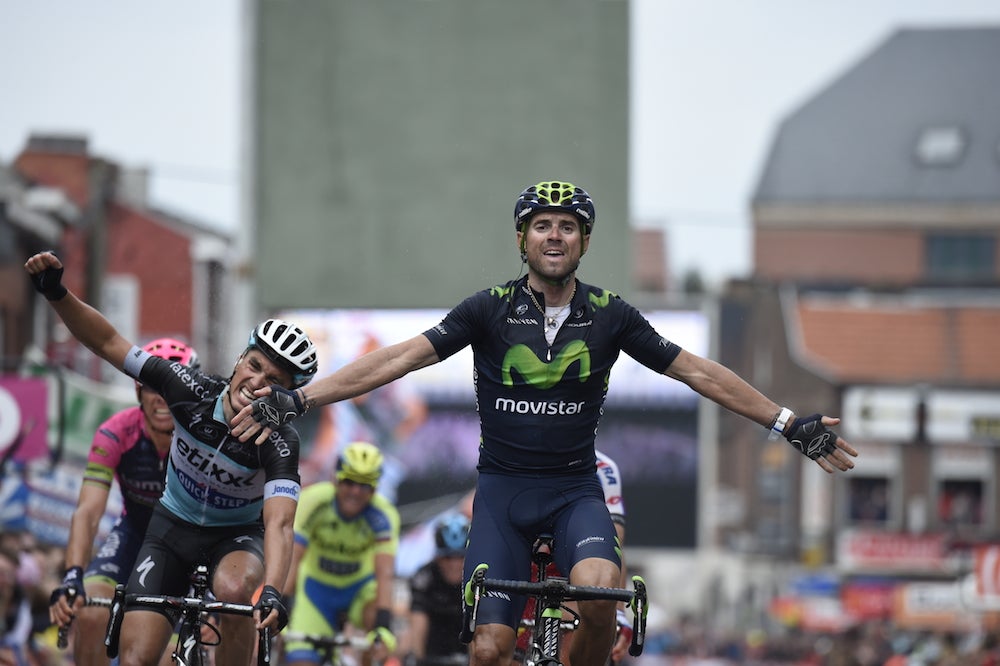 Alejandro Valverde celebrates after winning the 101st Liege-Bastogne-Liege. Photo: AFP