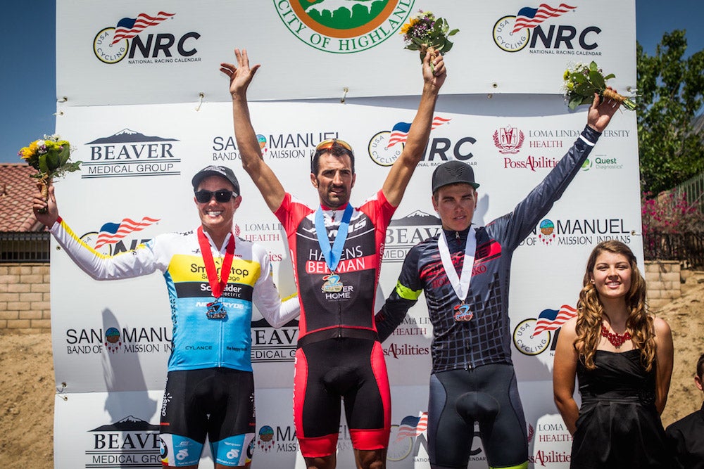 Sebastian Haedo (Jamis-Hagens Berman) won the first stage of Redlands ahead of Travis McCabe (SmartStop) and Dion Smith (Hincapie Racing). Photo courtesy of Team SmartStop.