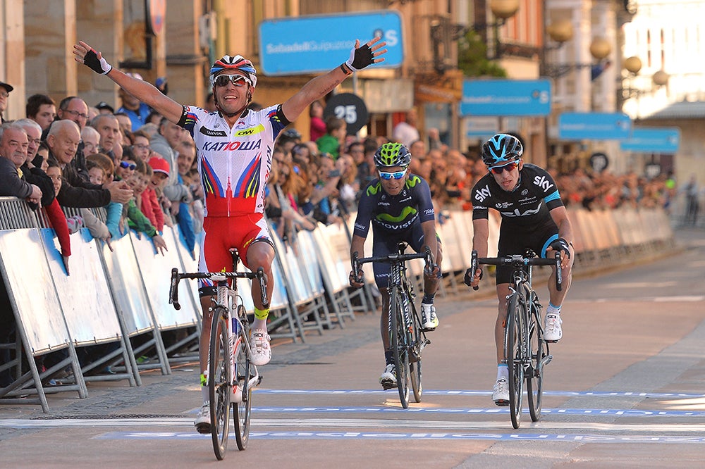 Joaquim Rodriguez claimed win number two for the Katusha team on Wednesday. He out-sprinted Sergio Henao (Sky), and Nairo Quintana (Movistar) to win stage 3 of Vuelta al Pais Vasco. Photo: Tim De Waele | <a href="http://www.tdwsport.com" target="_blank">TDWsport.com</a> 