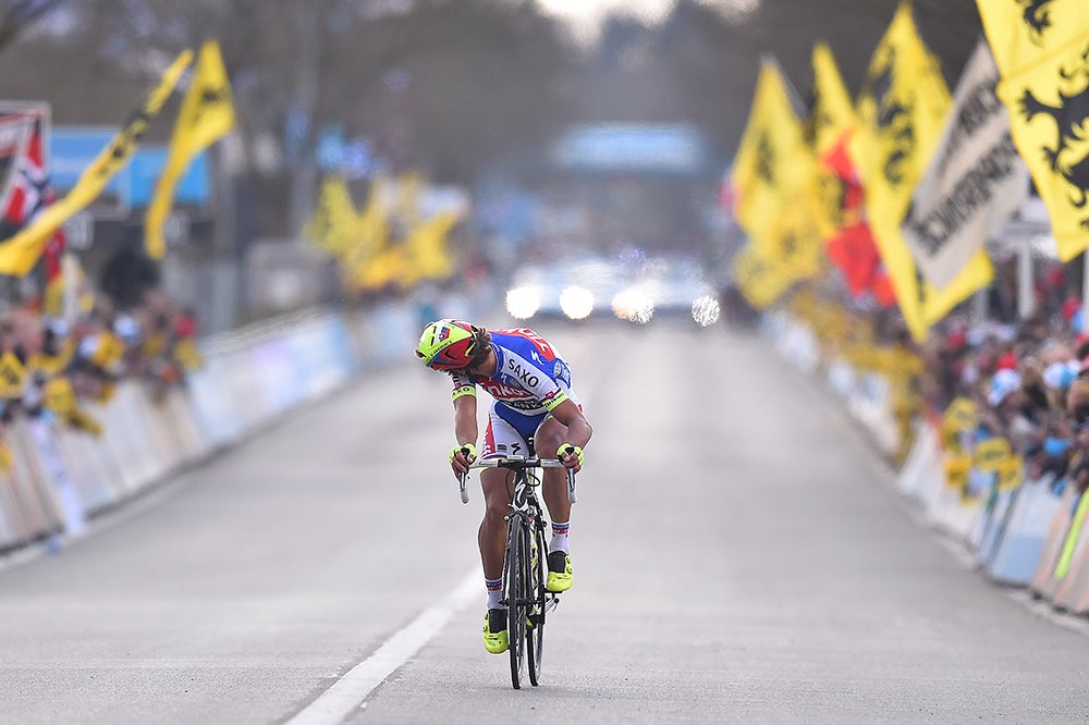 Again, Peter Sagan (Tinkoff-Saxo) did not figure into the finale, this time at Ronde van Vlaanderen. He was dropped in the final kilometer by a hard-charging Greg Van Avermaet (BMC) who nearly bridged to the two leaders.  Photo: Tim De Waele | <a href="http://www.tdwsport.com" target="_blank">TDWsport.com</a>