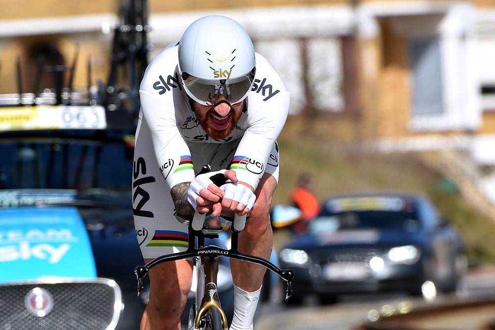 Bradley Wiggins (Sky) won the final time trial in De Panne, his first victory wearing the rainbow jersey as world time trial champion. Photo: Tim De Waele | <a href="http://www.tdwsport.com" target="_blank">TDWsport.com</a>