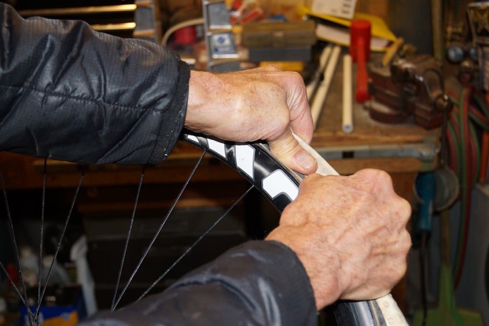 It’s hard to even get the tire started to come off the rim after it has been held on for awhile with Carogna tape. Photo: Lennard Zinn