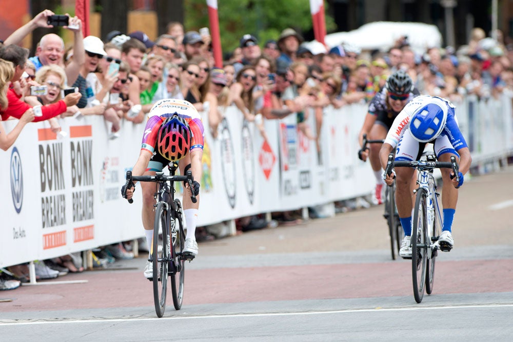 Megan Guarnier (Boels Dolmans) won the 2015 USA Cycling pro women's road championship with a bike throw over Coryn Rivera (UnitedHealthcare). Photo: Casey B. Gibson | <a href="http://www.cbgphoto.com">www.cbgphoto.com</a>