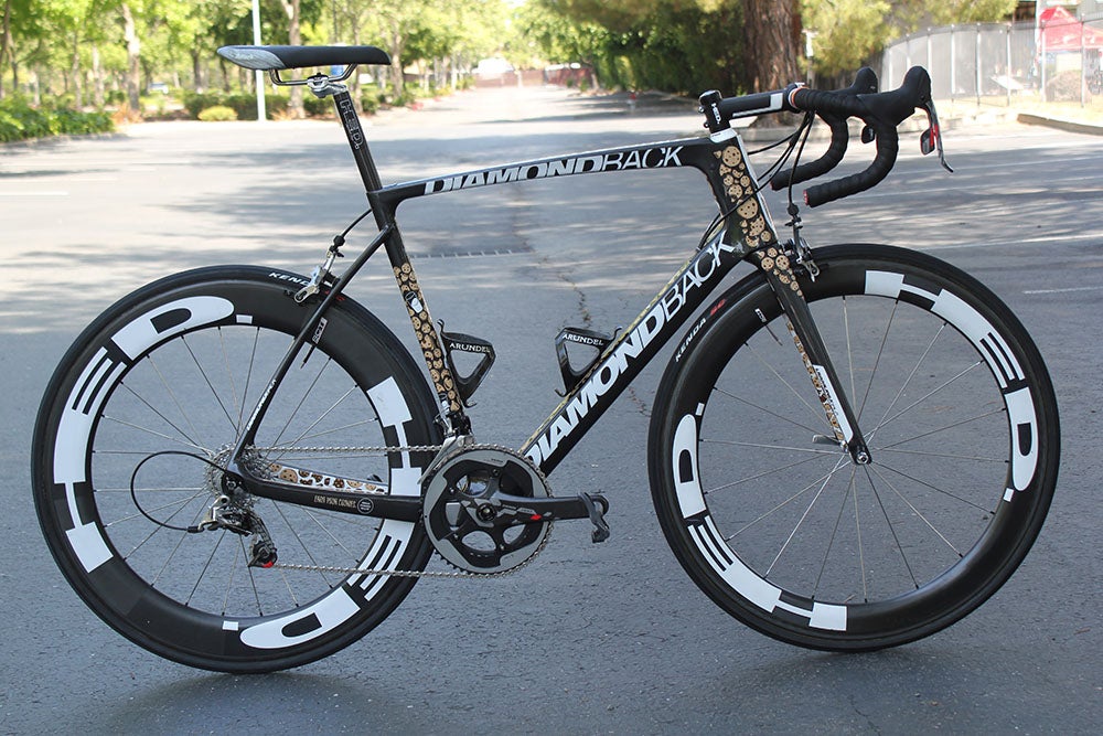 To promote its new version of the Podium, Diamondback commissioned this one-off frame to be painted for Optum Pro Cycling's Phil Gaimon. The paint sports a strong focus on Gaimon's love for cookies. There is just one problem — this bike is a 58cm. Gaimon rides a 56cm. Photo: Logan VonBokel | VeloNews.com