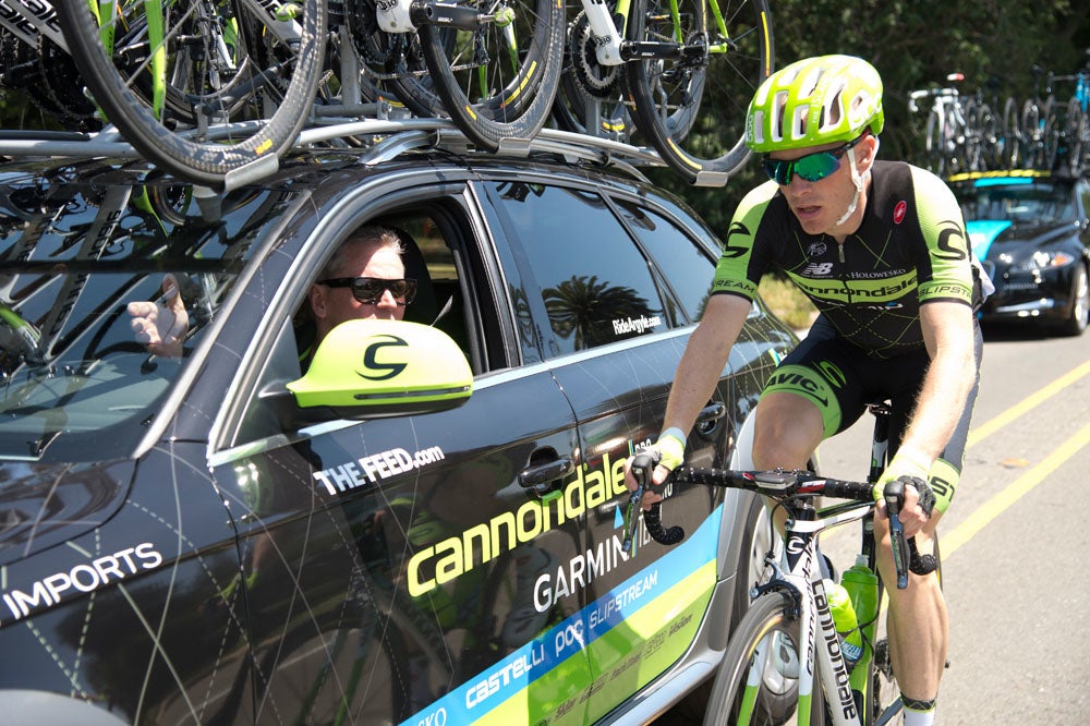 Andrew Talansky talks with his team director before dropping out of the race on stage 1.
Photo: Casey B. Gibson | <a href="http://www.cbgphoto.com">www.cbgphoto.com</a>