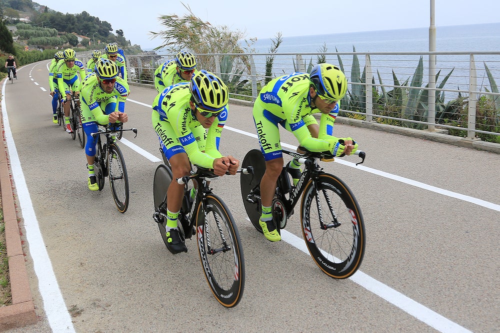 The Tinkoff-Saxo team previewed the Giro's technical stage 1 team time trial, which runs along the Mediterranean coast. Photo courtesy of Tinkoff-Saxo.