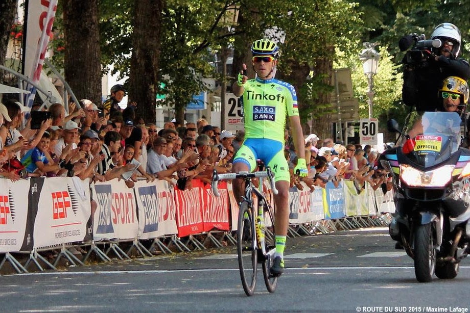 Alberto Contador flashed his signature celebration move as he crossed the finish line in the third stage of the Route du Sud. Photo: Route du Sud 2015/Maxime Lafage