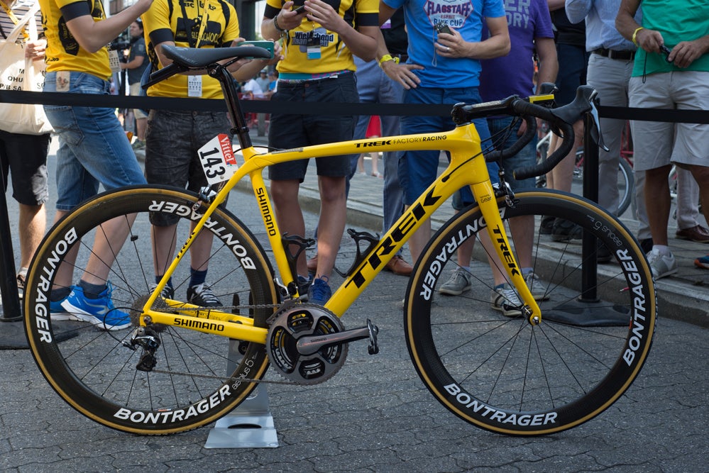 Fabian Cancellara (Trek Factory Racing) took the yellow jersey, and with it came a custom yellow Trek Domane Team Issue. Photo: Caley Fretz | VeloNews