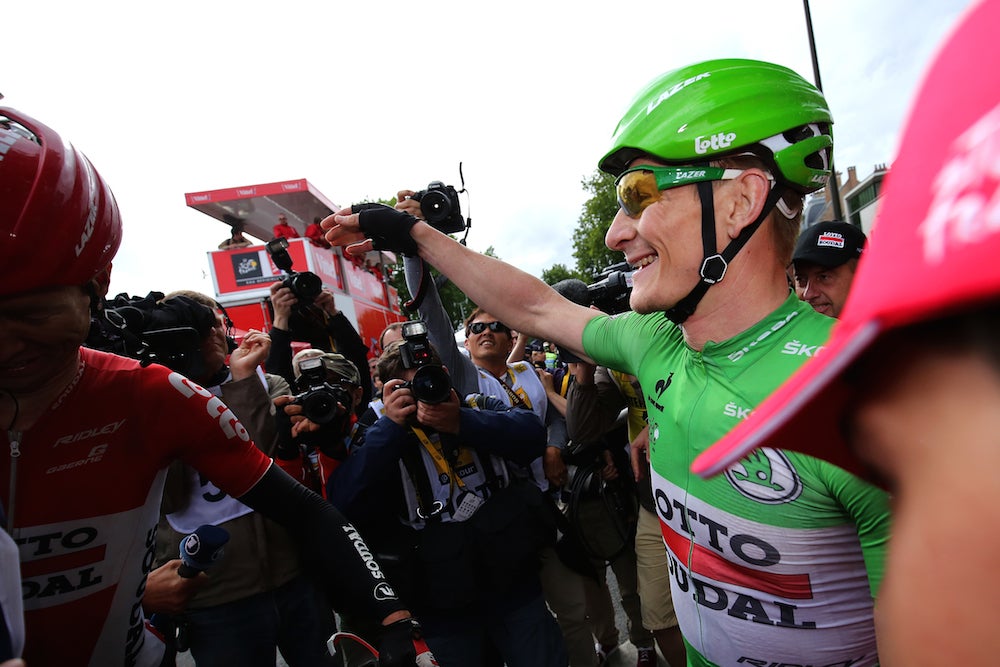 André Greipel celebrated with his Lotto-Soudal teammates after winning his second Tour stage. Photo: Tim De Waele | <a href="http://www.tdwsport.com" target="_blank">TDWsport.com</a>
