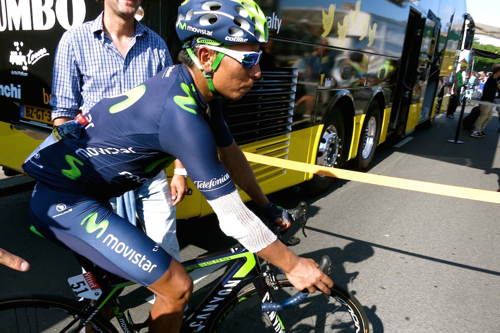 Nairo Quintana (Movistar) was one of the prominent GC riders felled by a late-race crash in stage 6. He required bandages after cutting his elbow on a chainring. Photo: Andrew Hood | VeloNews.com