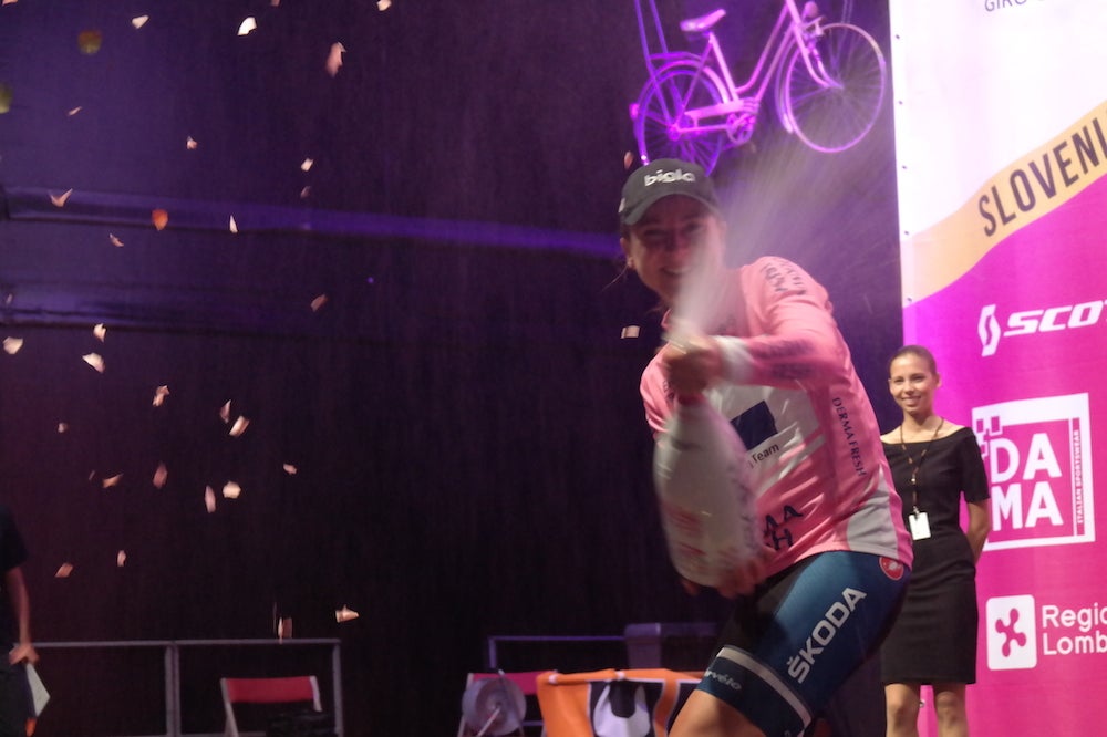 Annemiek van Vleuten celebrated her prologue victory wearing the pink jersey of the Giro Rosa. Photo: Bigla Pro Cycling Team