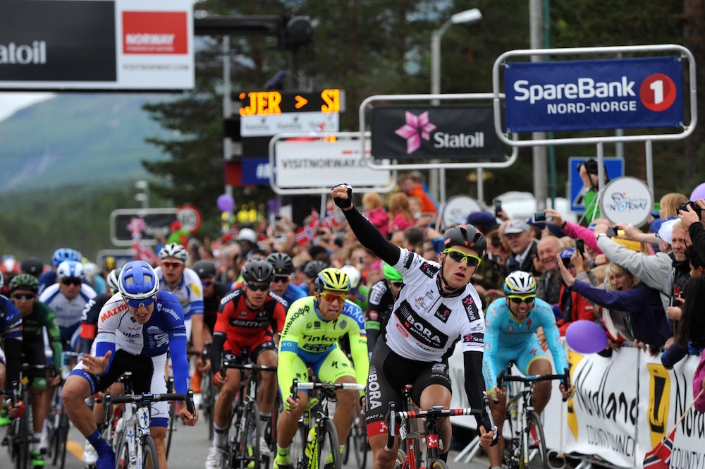 Sam Bennett (Bora-Argon 18) sprinted to victory in stage 2 of the Arctic Race of Norway. Photo: ARN | G.Demouveaux