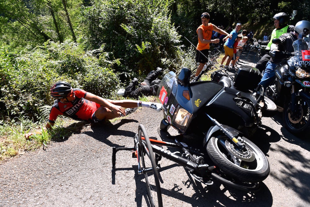 A collision with a race moto left Greg Van Avermaet on the ground less than 10km from the Clásica San Sebastián finish. Photo: Tim De Waele | <a href="http://www.tdwsport.com" target="_blank">TDWsport.com</a>