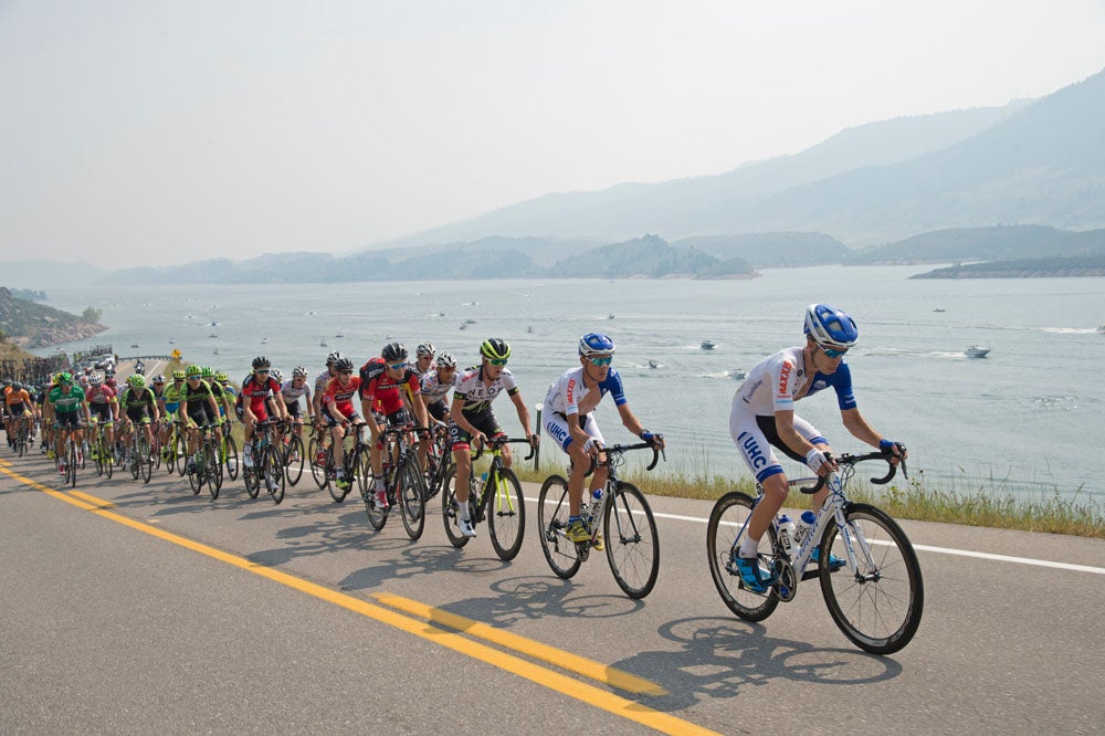 UHC riders led the peloton far above the smoke-shrouded Horsetooth Reservoir. Photo: Casey B. Gibson | <a href="http://www.cbgphoto.com">www.cbgphoto.com</a>