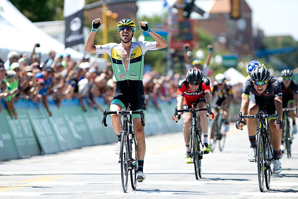 Jure Kocjan (Team SmartStop) celebrated his stage 2 win in Ogden. Photo: Casey B. Gibson | <a href="http://www.cbgphoto.com">www.cbgphoto.com</a>