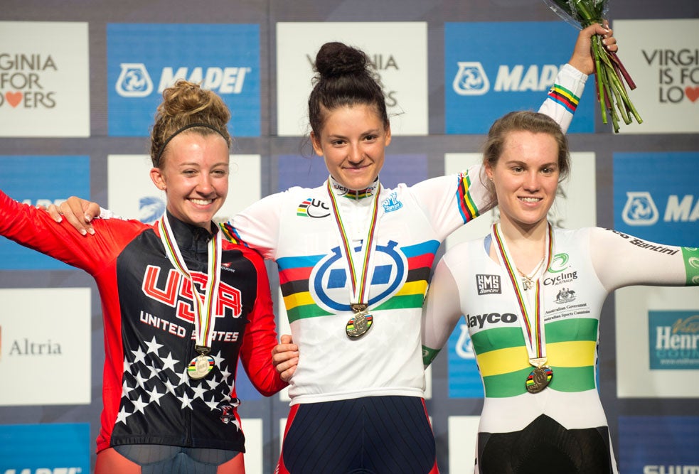 Chloe Dygert of the USA won the gold medal in the junior women's time trial. Photo: Casey B. Gibson | <a href="http://www.cbgphoto.com">www.cbgphoto.com</a>