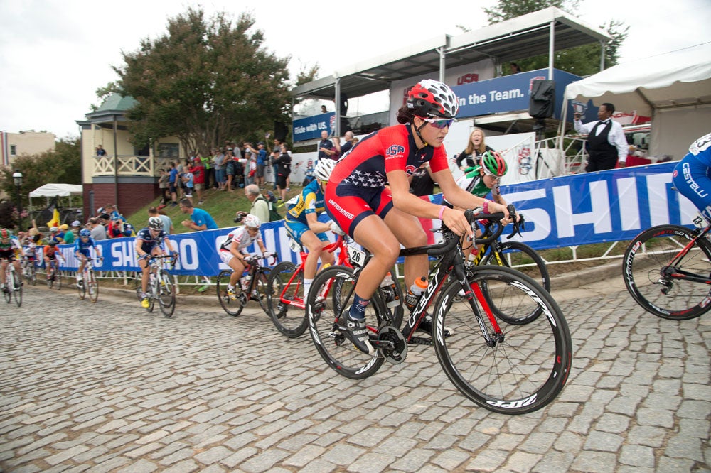 Chloe Dygert attacked on Libby Hill to bridge up to break. Photo: Casey B. Gibson | <a href="http://www.cbgphoto.com">www.cbgphoto.com</a>