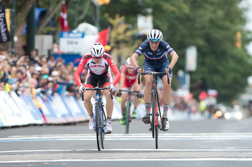 Felix Gall won the junior men's road race after a long breakaway,  with Clement Betouigt-Suire of France just missing with a unique bike throw. Photo: Casey B. Gibson | <a href="http://www.cbgphoto.com">www.cbgphoto.com</a>