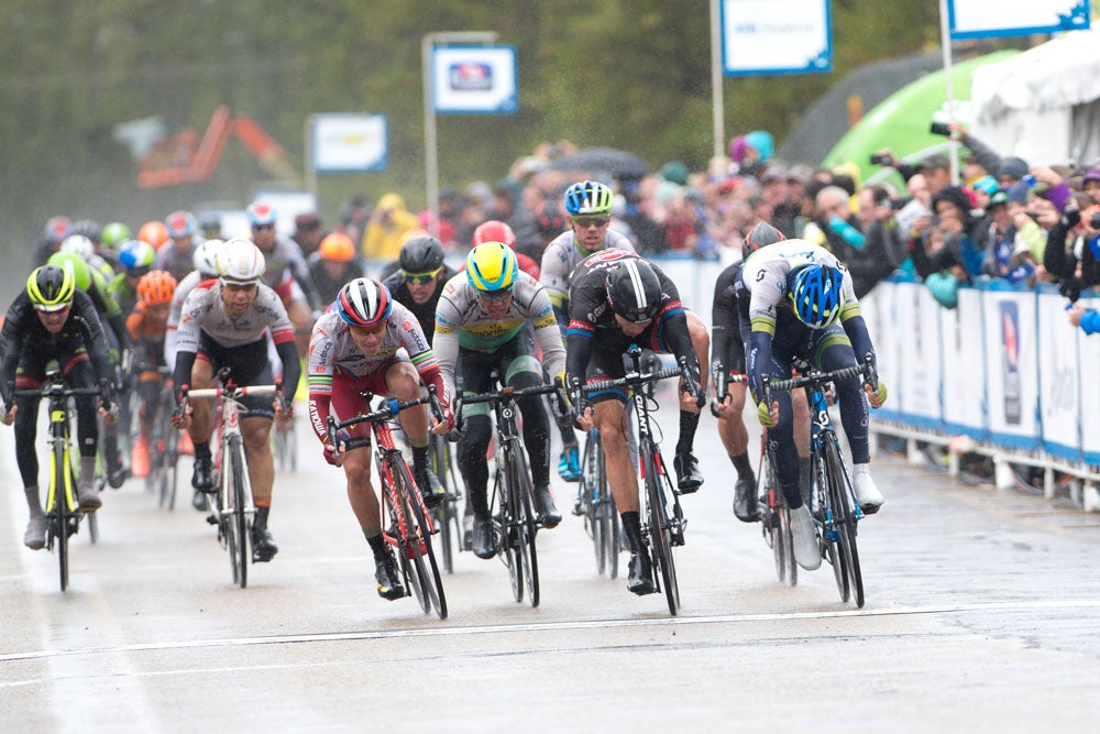 Michael Mathews of Orica-GreenEdge took the win in a rainy stage 2 of the Tour of Alberta. Photo: Casey B. Gibson | <a href="http://www.cbgphoto.com">www.cbgphoto.com</a>