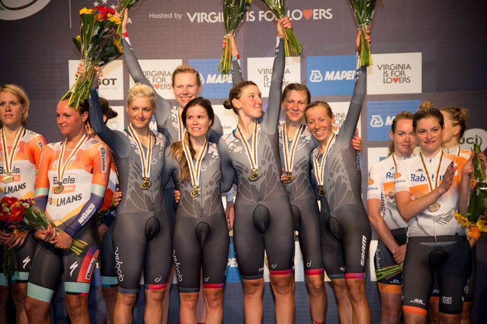 Velocio-SRAM celebrated another gold medal in the team time trial. Photo: Casey B. Gibson | <a href="http://www.cbgphoto.com">www.cbgphoto.com</a>